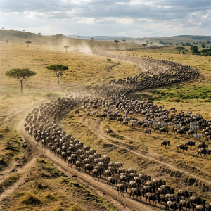 Large herd of wildebeests and zebras moving along winding dirt path in African savannah