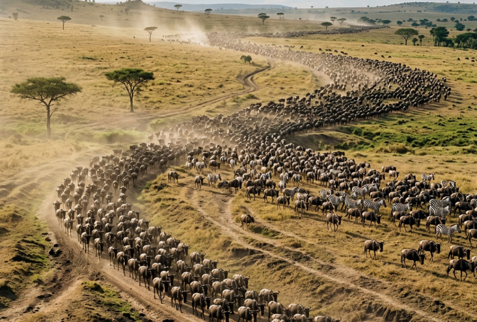 Large herd of wildebeests and zebras moving along winding dirt path in African savannah