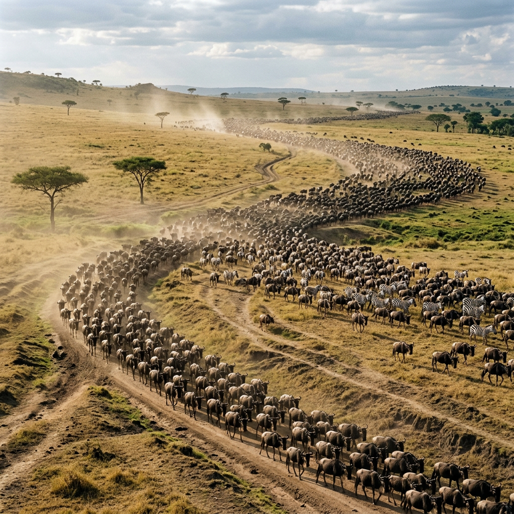 Large herd of wildebeests and zebras moving along winding dirt path in African savannah