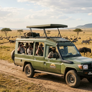 Safari vehicle with tourists using binoculars viewing zebras and wildebeests in the Serengeti