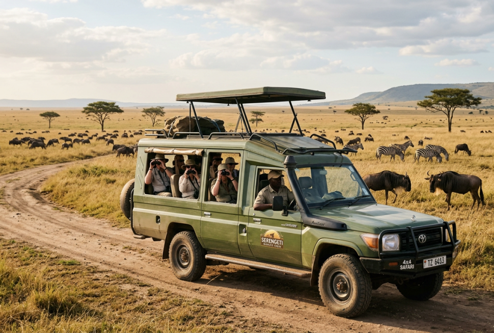 Safari vehicle with tourists using binoculars viewing zebras and wildebeests in the Serengeti