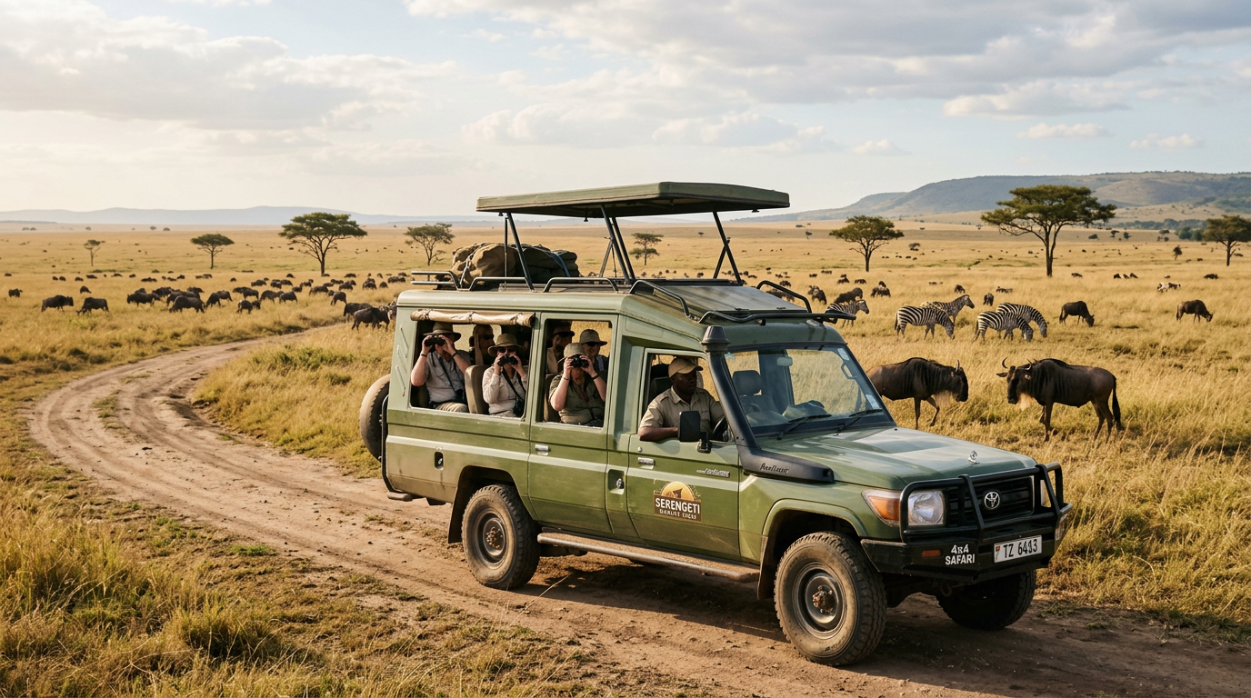 Safari vehicle with tourists using binoculars viewing zebras and wildebeests in the Serengeti