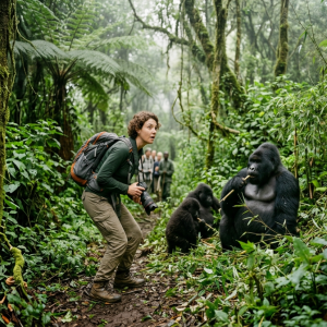 Wildlife photographer kneeling near gorillas eating bamboo in dense jungle