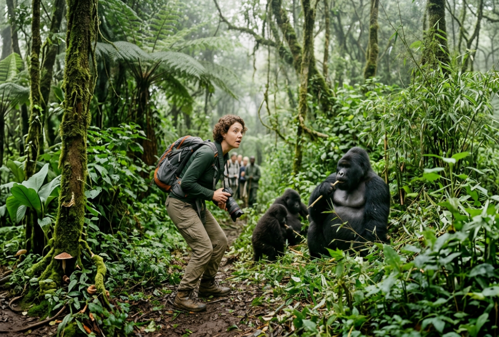 Wildlife photographer kneeling near gorillas eating bamboo in dense jungle