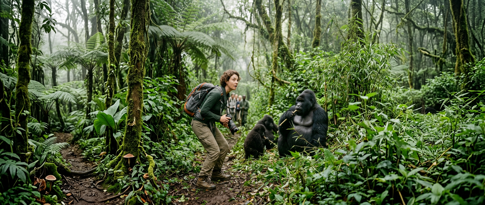 Wildlife photographer kneeling near gorillas eating bamboo in dense jungle