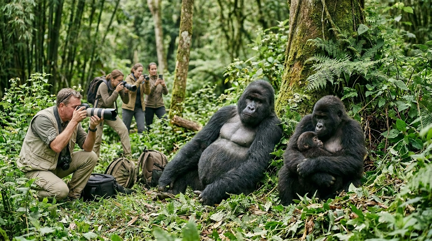 A group of gorillas resting on the forest floor surrounded by greenery