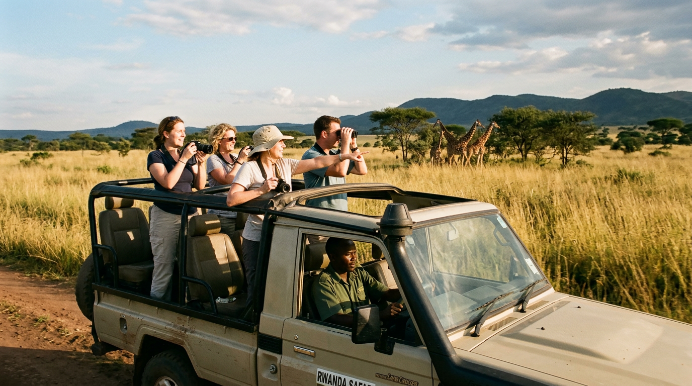 Group of tourists in safari jeep observing and photographing giraffes