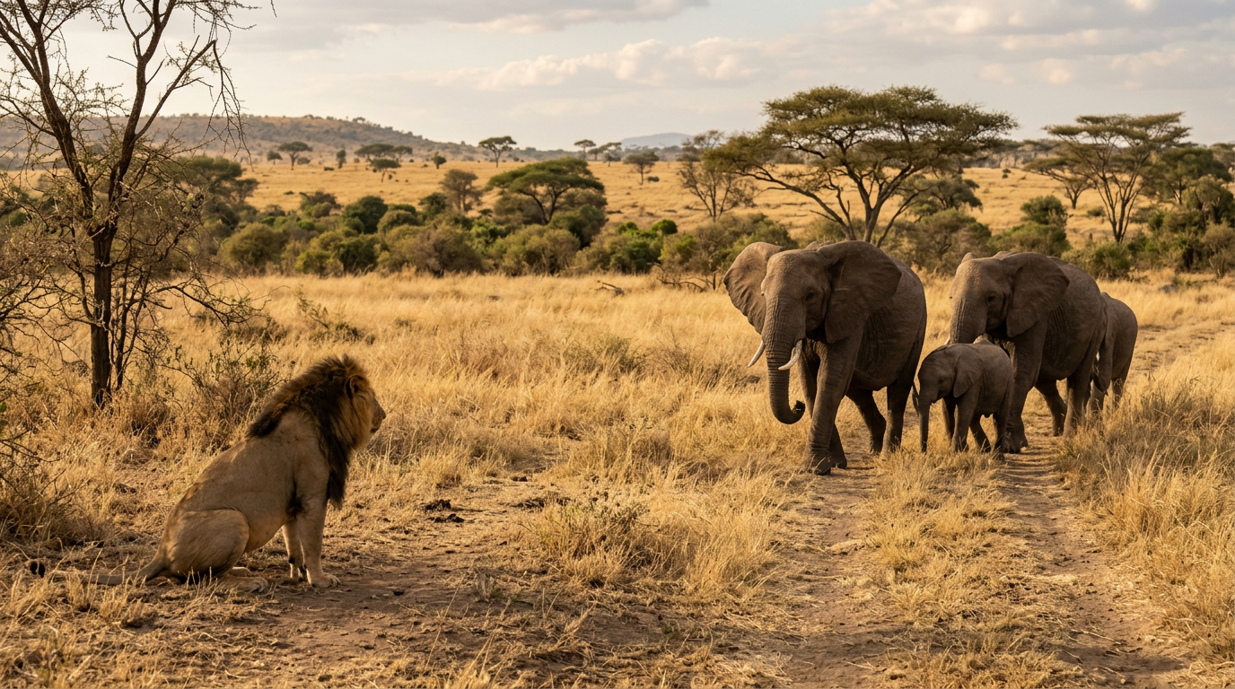 Lion sitting on a dirt path watching a herd of elephants walk by in the savannah