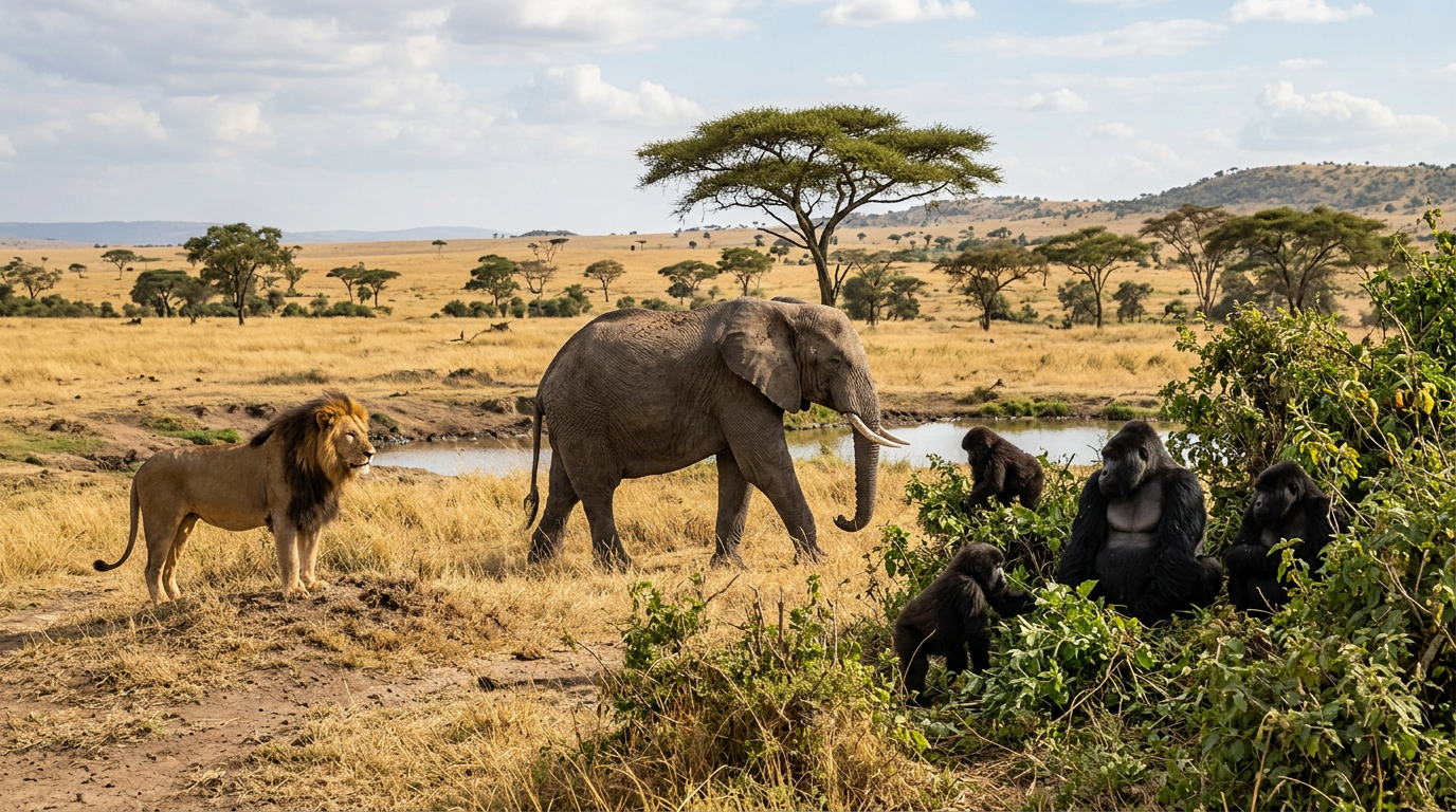 Lion standing near elephant and group of gorillas by a waterhole in savanna