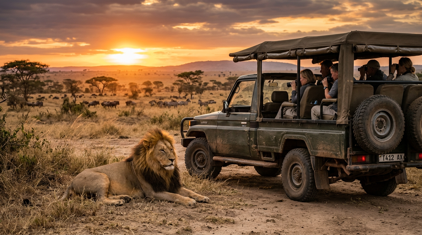A lion lying on the ground near a safari vehicle with tourists observing through binoculars at sunset