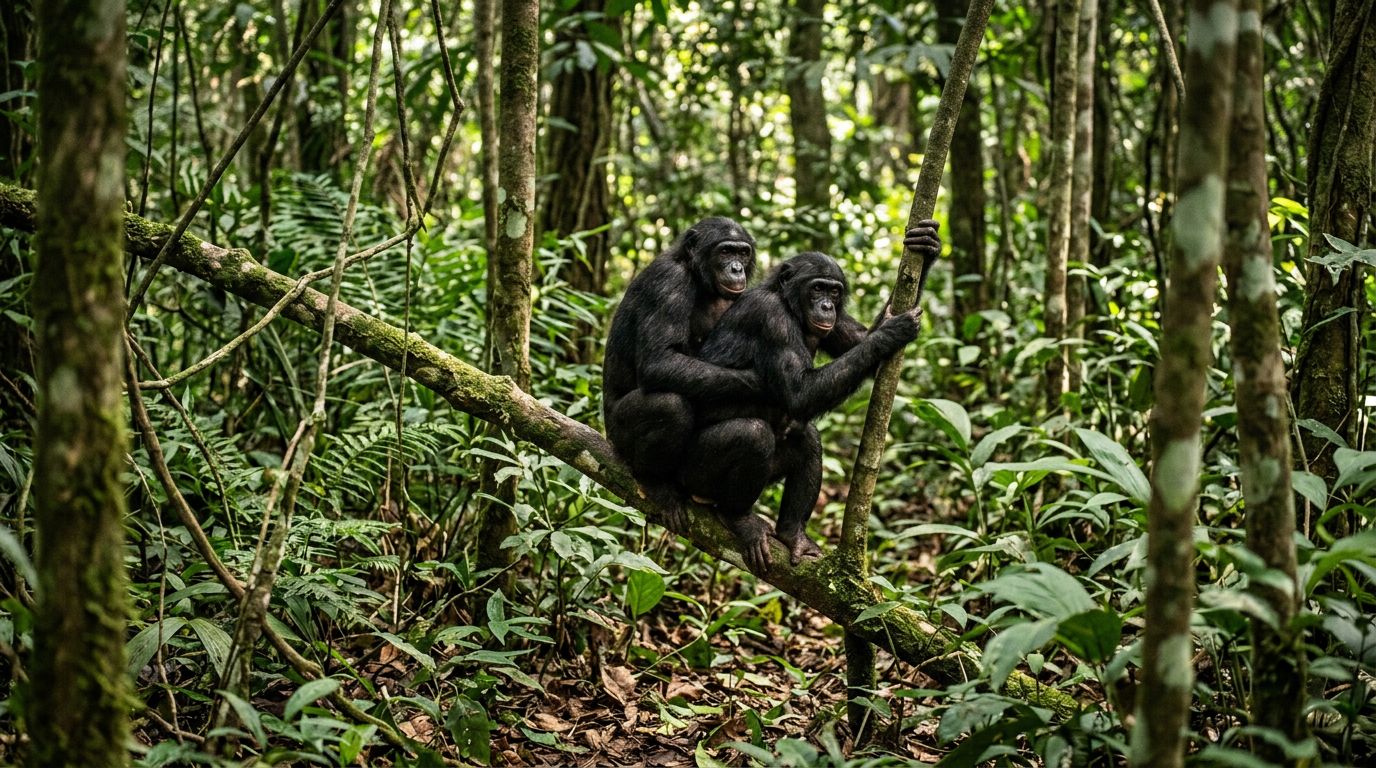 Two bonobos sitting on a moss-covered tree branch in dense green rainforest vegetation